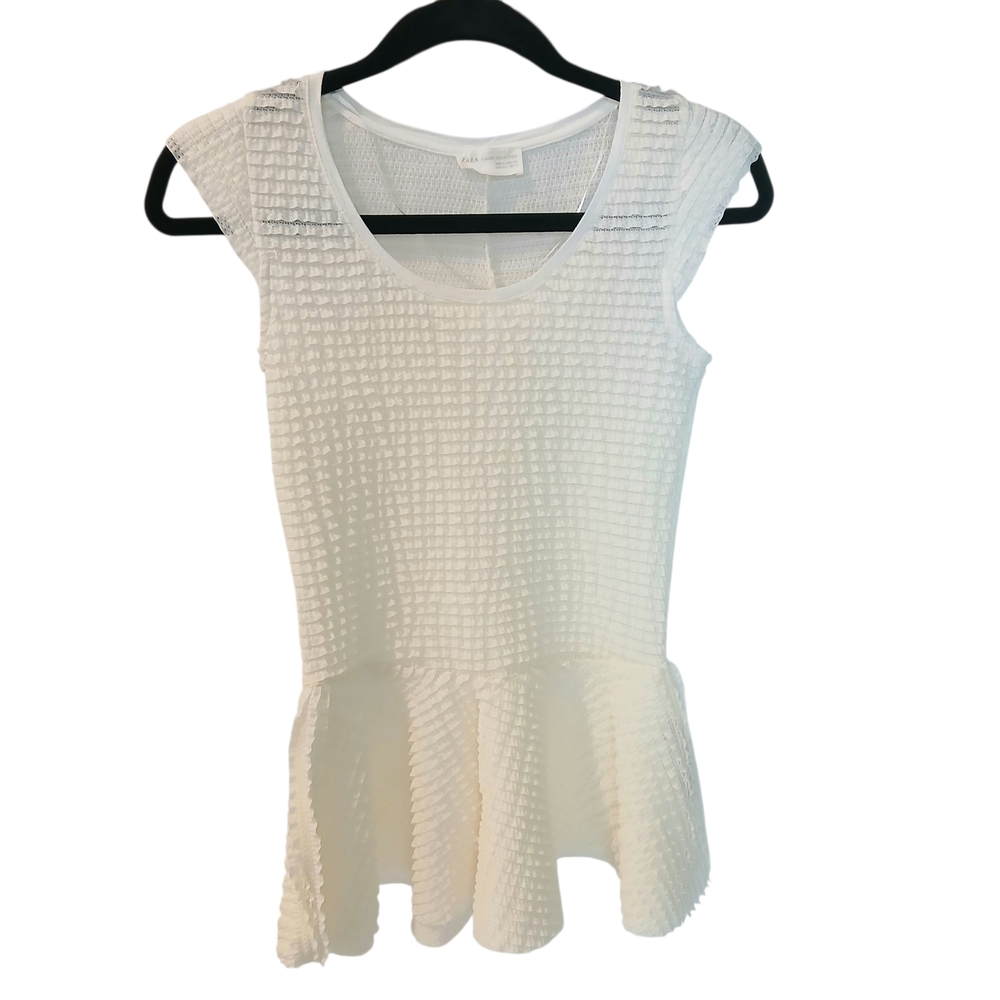 Zara Cream White Peplum Textured Small Top Stretch Cap Sleeve